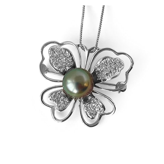 10mm Plum Tahitian Cultured Pearl Silver Butterfly Brooch / Pendant with
White Topaz Accent