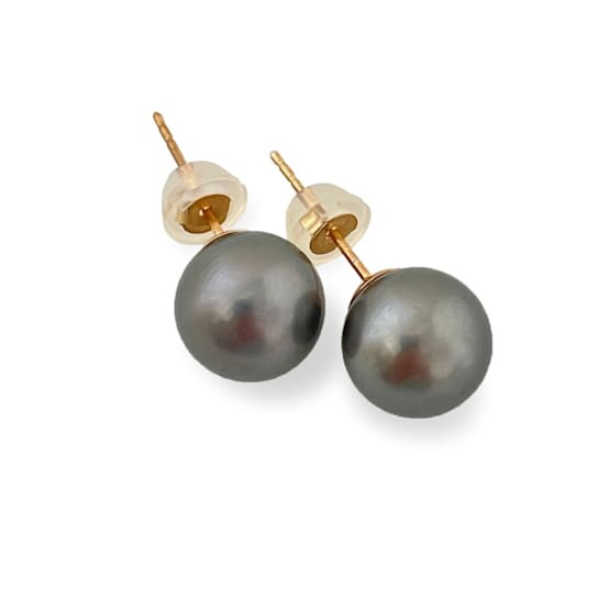 AAA2 Natural Color Tahitian Silver Green 10mm Cultured Pearl Earrings
with 14K Yellow Gold
