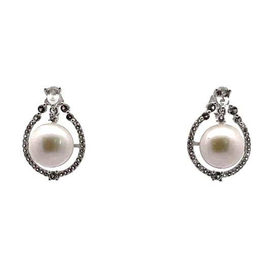 10-10.5mm Natural Color White Freshwater Cultured Pearl Earrings with
Rhodium plating & Topaz accent