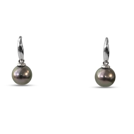 Dangle Tahitian Cultured Pearl 10mm High Luster AAA Round Peacock
Earrings with 14K White Gold