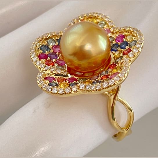Multi Color Sapphires & Diamond 18K Yellow Gold Ring with 10.2mm
Golden South Sea Cultured Pearl