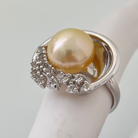 10-11mm Golden South Sea Cultured Pearl & White Zircon Ring