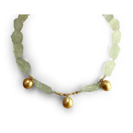 13-14mm Golden South Sea Cultured Pearl & Aquamarine Necklace with
18k Yellow Gold