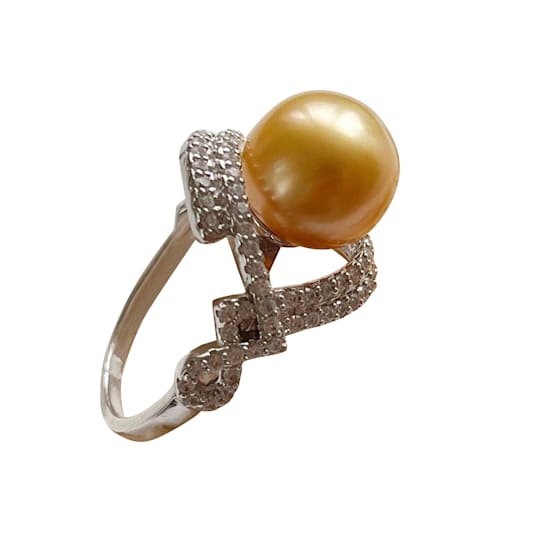 Elegant Natural Deep Gold Color South Sea Cultured Pearl Ring with White
Zircon Accent
