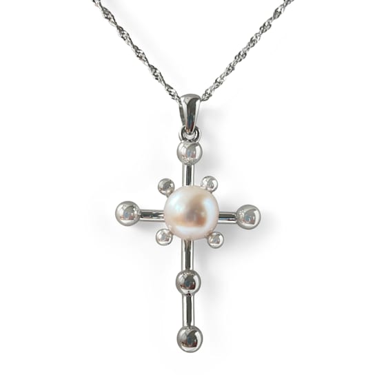 Akoya White Cultured Pearl 8.5mm Round AAA Rhodium Plated Beautifully
Crafted Cross Pendant Necklace