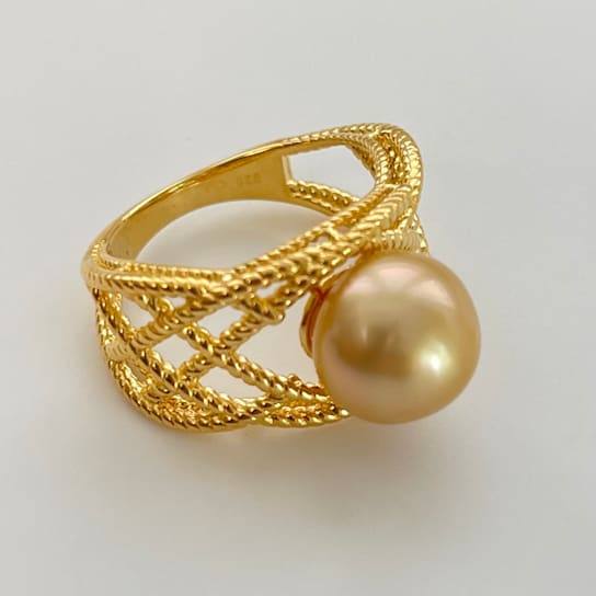 Lace Design 10.75mm Natural Color Golden South Sea Cultured Pearl Ring
with 18k Yellow Gold Plating