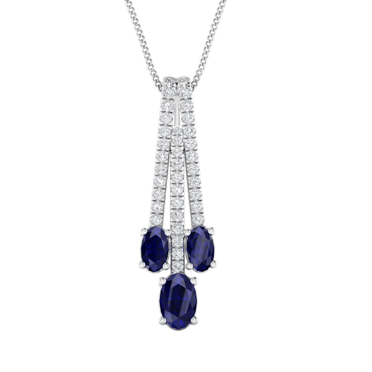 1.56ctw Blue Sapphire and White Diamond Three Row Vertical Pyramid
Pendant in 14KT White Gold