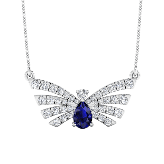 1.17ctw Blue Sapphire and White Diamond Butterfly Necklace in 14KT White Gold