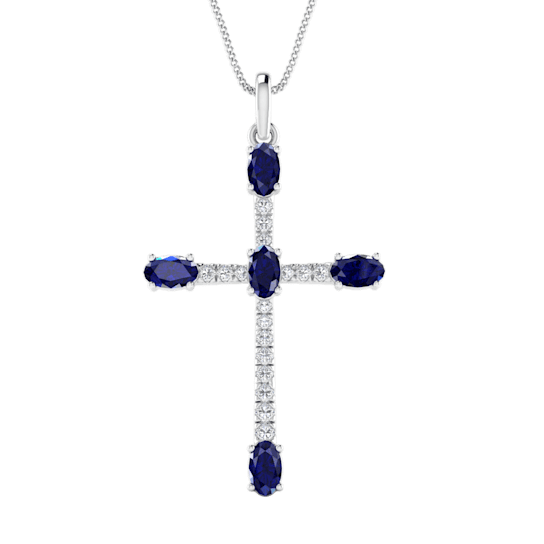 1.98ctw Blue Sapphire and White Diamond Cross Pendant in 14KT White Gold