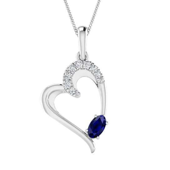 0.47ct Round White Diamond and Oval Shape Blue Sapphire Heart Pendant in
14KT White Gold