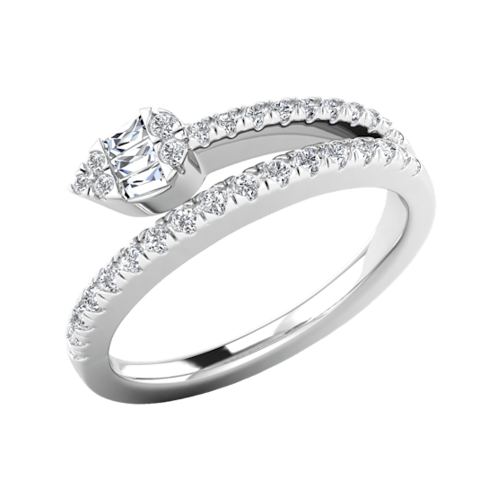 0.40Ct Round and Baguette Cut White Diamond Stylish Pear Shape Bypass
Ring in 14KT White Gold
