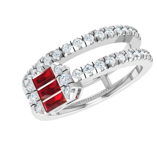 0.40ctw Baguette Ruby and Round White Diamond Multi-Row Cluster Ring in
14KT White Gold