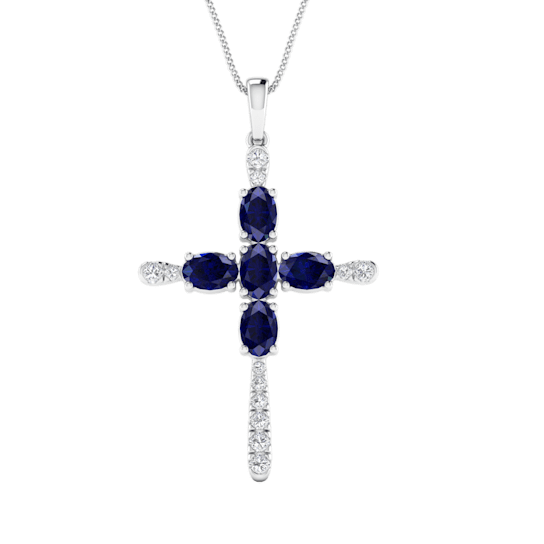 3.36ctw Blue Sapphire and White Diamond Cross Pendant in 14KT White Gold