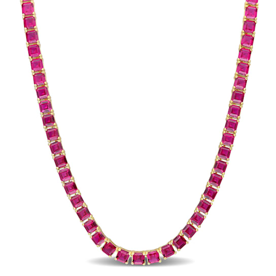 48 1/2 CT TGW Created Ruby Tennis Necklace in Yellow Gold Plated
Sterling Silver