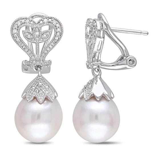 10-10.5 MM Freshwater Cultured Pearl and Diamond Accent Heart Leaf
Earrings in Sterling Silver