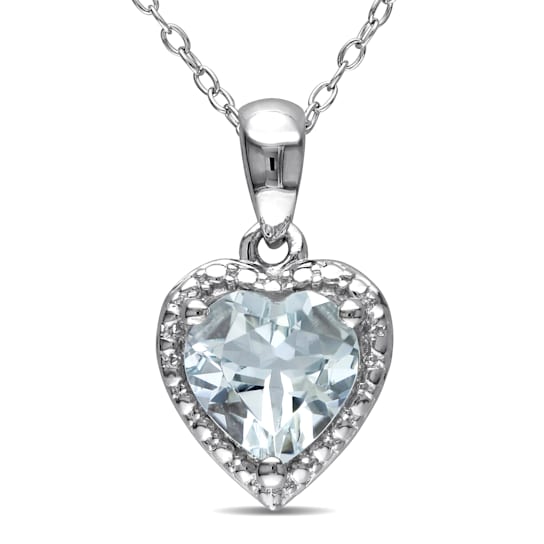 1 1/2 CT TGW Aquamarine Heart Halo Pendant with Chain in Sterling Silver
