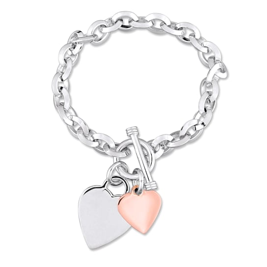 Oval Link Bracelet with Double Heart Charm and Toggle Clasp in 2-tone
Rose and White Sterling Silver
