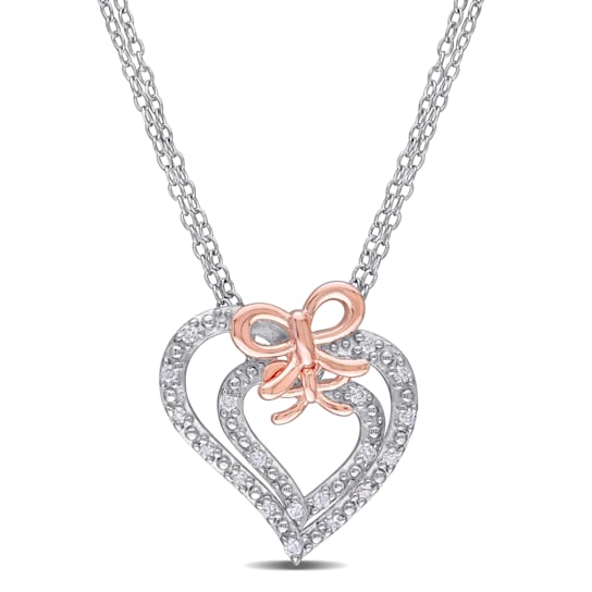 1/5ctw Diamond Heart And Bow Pendant with Chain  Two-Tone 18K Rose Gold
Over Sterling Silver
