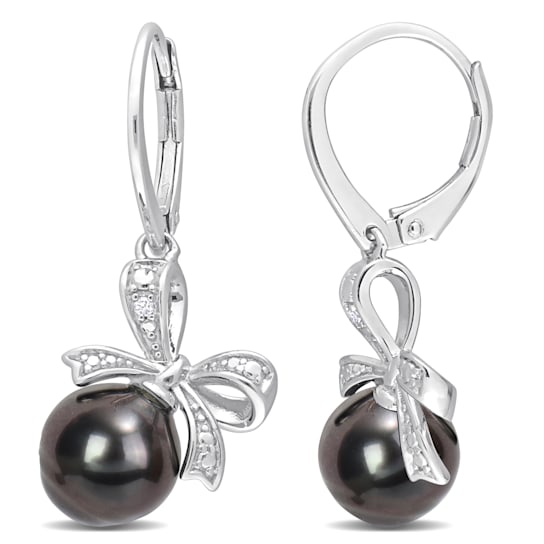 8-9MM Black Tahitian Cultured Pearl and Diamond Accent Bow Leverback
Earrings in Sterling Silver