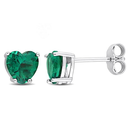 1 1/2 CT TGW Heart Shape Created Emerald Stud Earrings in Sterling Silver