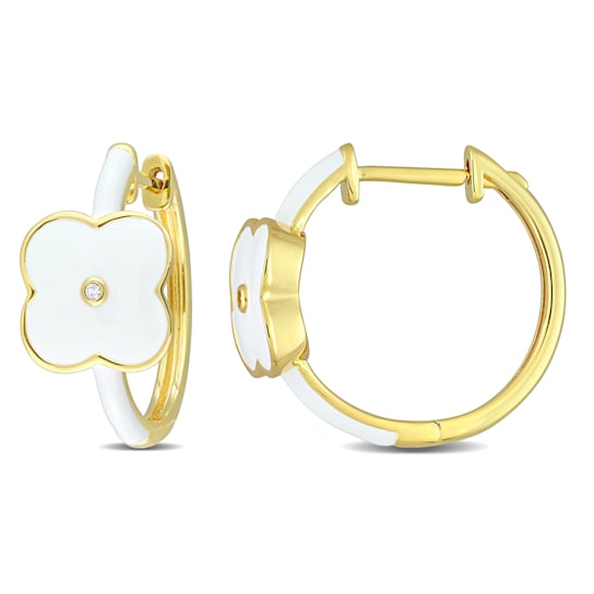Created White Sapphire Floral White Enamel Earrings in 18k Yellow Gold
Over Sterling Silver