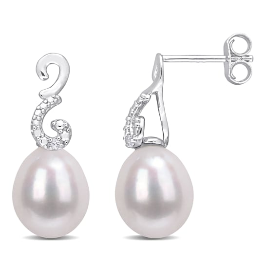 8-8.5 MM Freshwater Cultured Pearl and Diamond Accent Peacock Drop
Earrings in Sterling Silver
