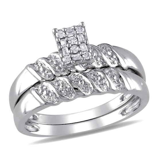 1/10 CT TW Baguettes and Round Diamond Bridal Set in Sterling Silver
