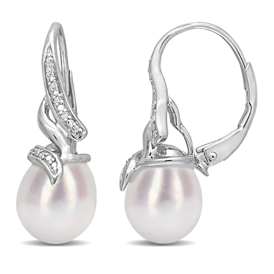 9-9.5 MM Freshwater Cultured Pearl and Diamond Accent Twist Drop
Earrings in Sterling Silver