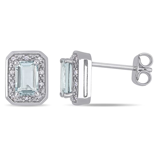 1-1/10ctw Aquamarine and 1/10 CT TW Diamond Halo Stud Earrings in
Sterling Silver