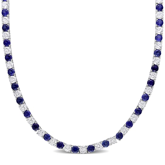 33 CT TGW Created Blue and Created White Sapphire Tennis Necklace in
Sterling Silver