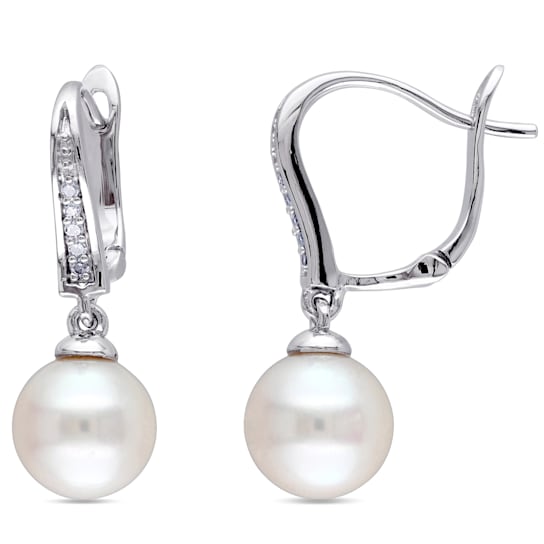8-8.5 MM Freshwater Cultured Pearl and Diamond Accent Drop Earrings in
Sterling Silver