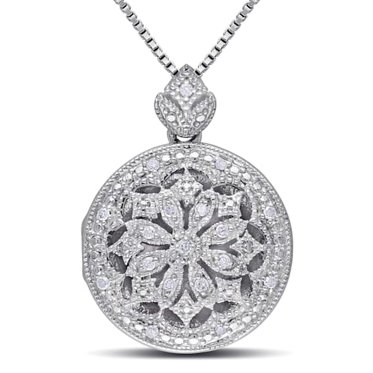 1/10 CT TW Diamond Floral Vintage Locket Pendant with Chain in Sterling Silver