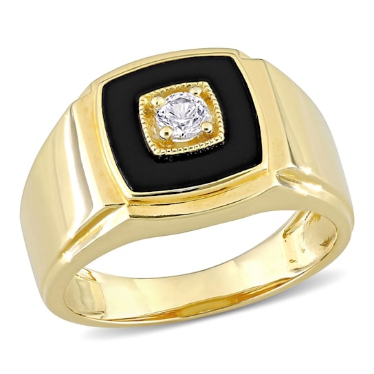 2 1/2 CT TGW BLACK ONYX AND CREATED WHITE SAPPHIRE MEN'S RING IN YELLOW
PLATED STERLING SILVER