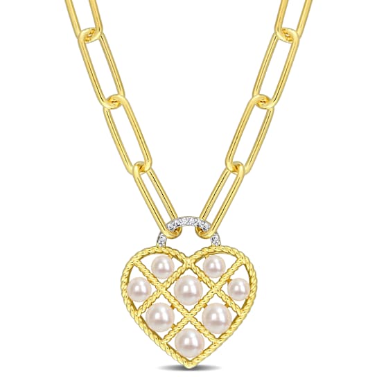 3.5-5MM Freshwater Cultured Pearl and Diamond Accent Heart Pendant in
Yellow Plated Sterling Silver
