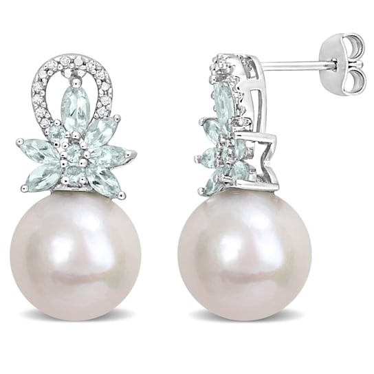 11-12MM Cultured Pearl and Aquamarine with Diamond Accent Earrings in
Sterling Silver
