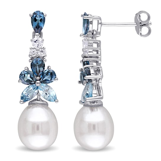 London, Sky Blue and White Topaz and 8.5-9MM White Cultured Pearl Drop
Earrings in Sterling Silver