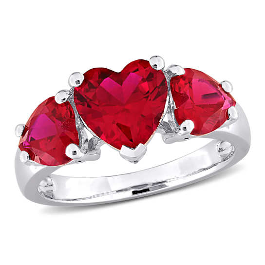 4 4/5 CT TGW Created Ruby 3-Stone Heart Ring in Sterling Silver