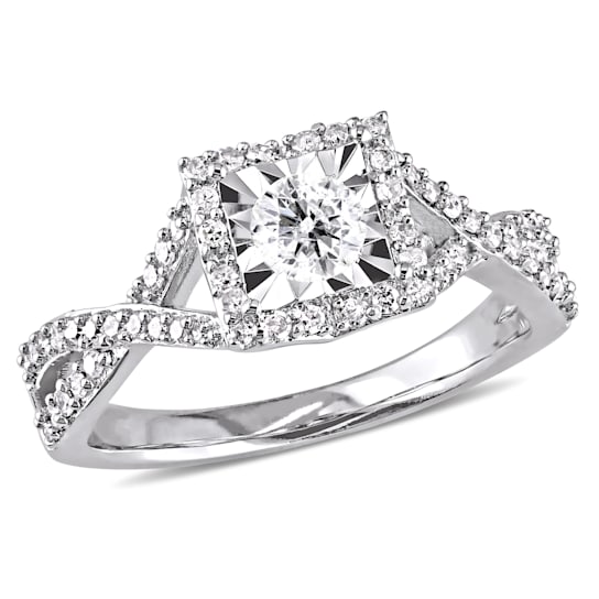 1/2 CT TW Diamond Halo Crossover Engagement Ring in Sterling Silver