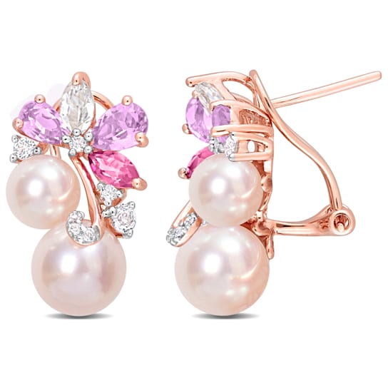 Pink Cultured Pearl, Rose de France and Topaz Earrings in 18K Rose Gold
Over Sterling Silver