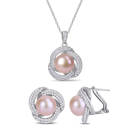 9.5-10.5MM Pink Freshwater Cultured Pearl & Cubic Zirconia Pendant
& Earrings Set in Sterling Silver
