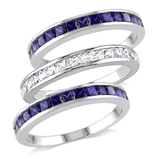 3-Pcs Set of 2 1/4 CT TGW Created Blue and White Sapphire Anniversary
Band in Sterling Silver