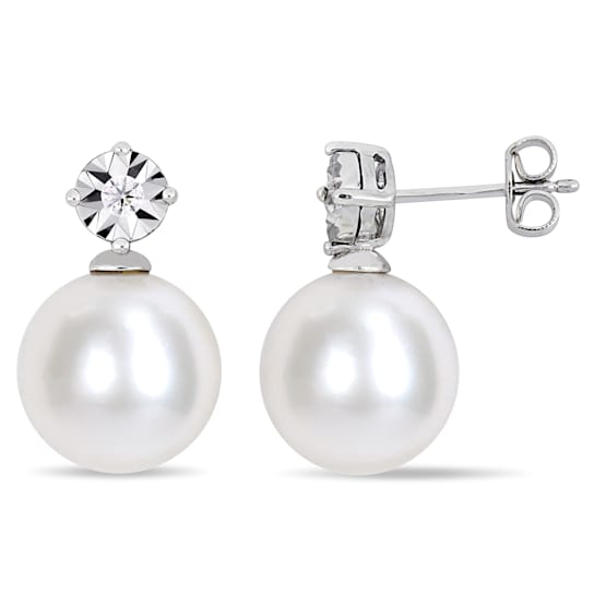 11-12 MM Freshwater Cultured Pearl and Diamond Accent Earrings in
Sterling Silver