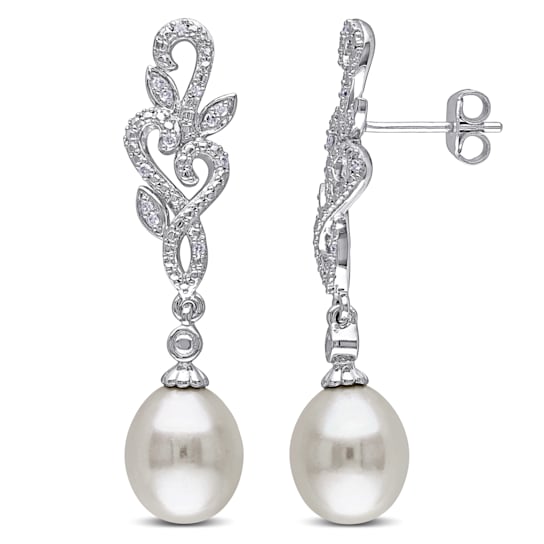8.5-9 MM Freshwater Cultured Pearl and 1/10 CT TW Diamond Leaf Drop
Earrings in Sterling Silver