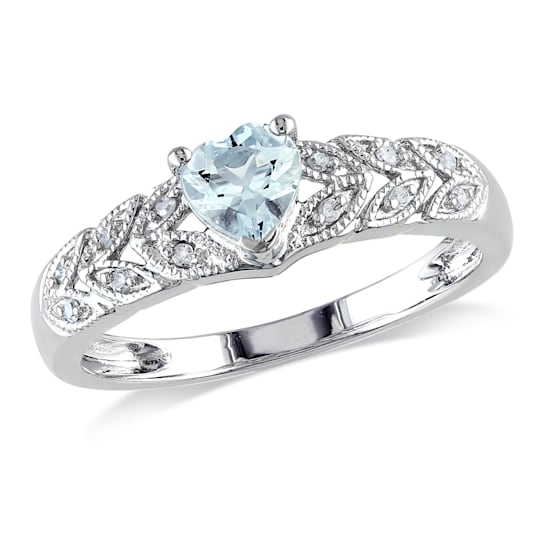 1/3 CT TGW Aquamarine and Diamond Accent Vintage Heart Ring in Sterling Silver