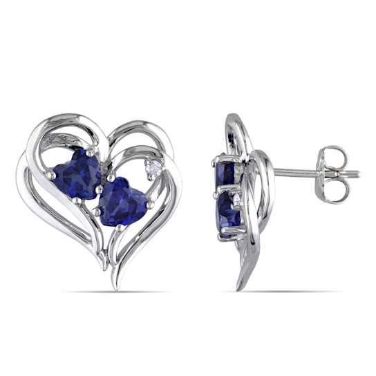 2 1/4 CT TGW Created Blue Sapphire and Diamond Accent Heart Earrings in
Sterling Silver