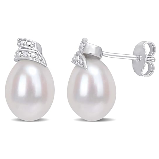6.5-7 MM Freshwater Cultured Pearl and Diamond Accent Swirl Stud
Earrings in Sterling Silver