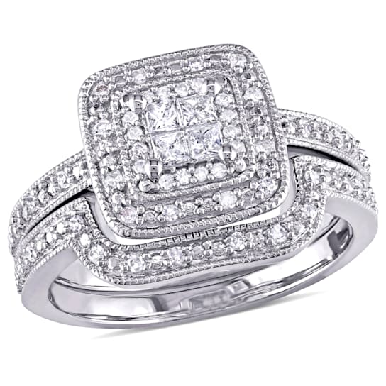 1/3 CT TW Princess Cut Quad and Round Diamond Bridal Set in Sterling Silver