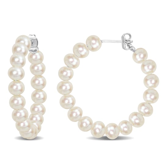 5-5.5MM Freshwater Cultured Pearl Hoop Earrings in Sterling Silver