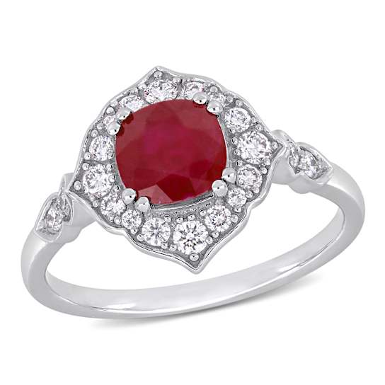 1 1/4 CT TGW Ruby and 1/3 CT TW Diamond Halo Ring in 14K White Gold