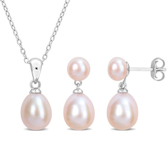 5.5-8.5MM Pink Freshwater Cultured Pearl Earrings & Pendant Set in
Sterling Silver